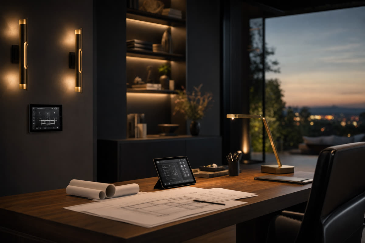 A walnut desk in a luxury home office at dusk, with architectural drawings, an iPad showing system schematics, and a Crestron touchpanel on the wall lit by warm amber sconces.