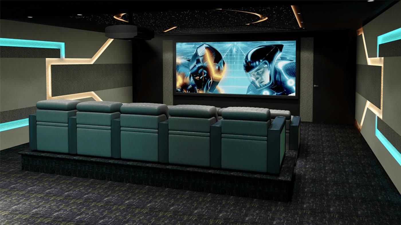 AcousticSmart Tron themed home theater with neon circuit wall trim and starfield ceiling