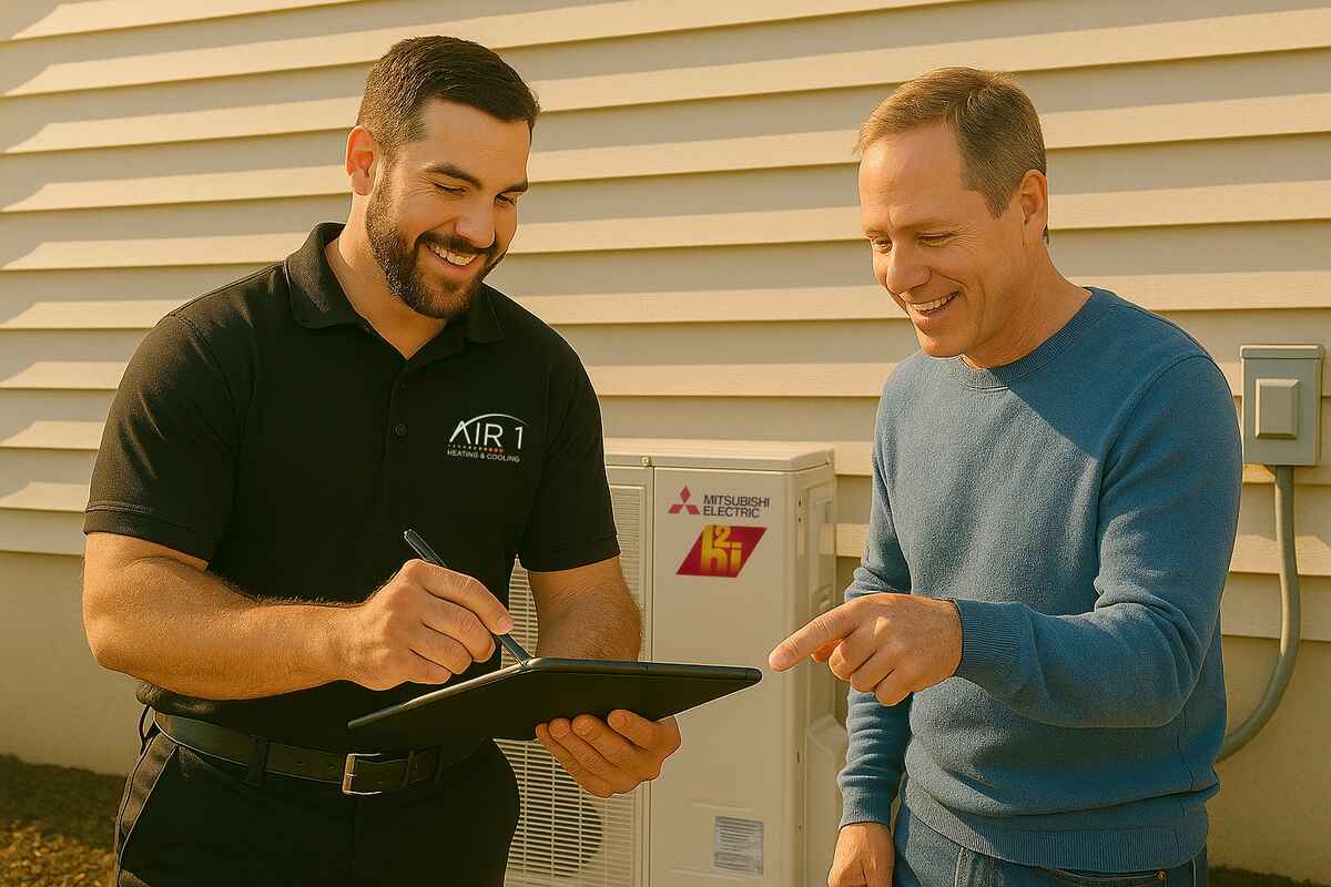 Air 1 HVAC service technician discussing financing options with a customer