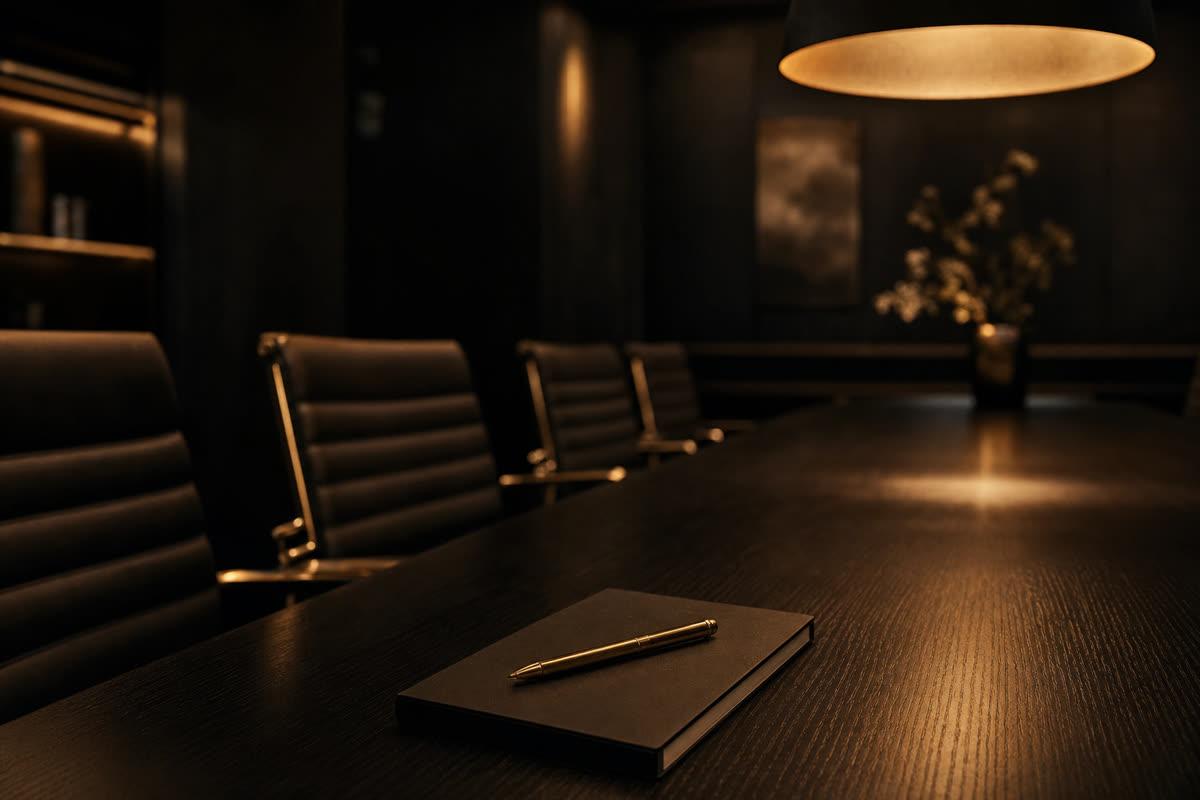 Empty modern conference table with notepad and pen under warm overhead pendant light, dark moody editorial photography