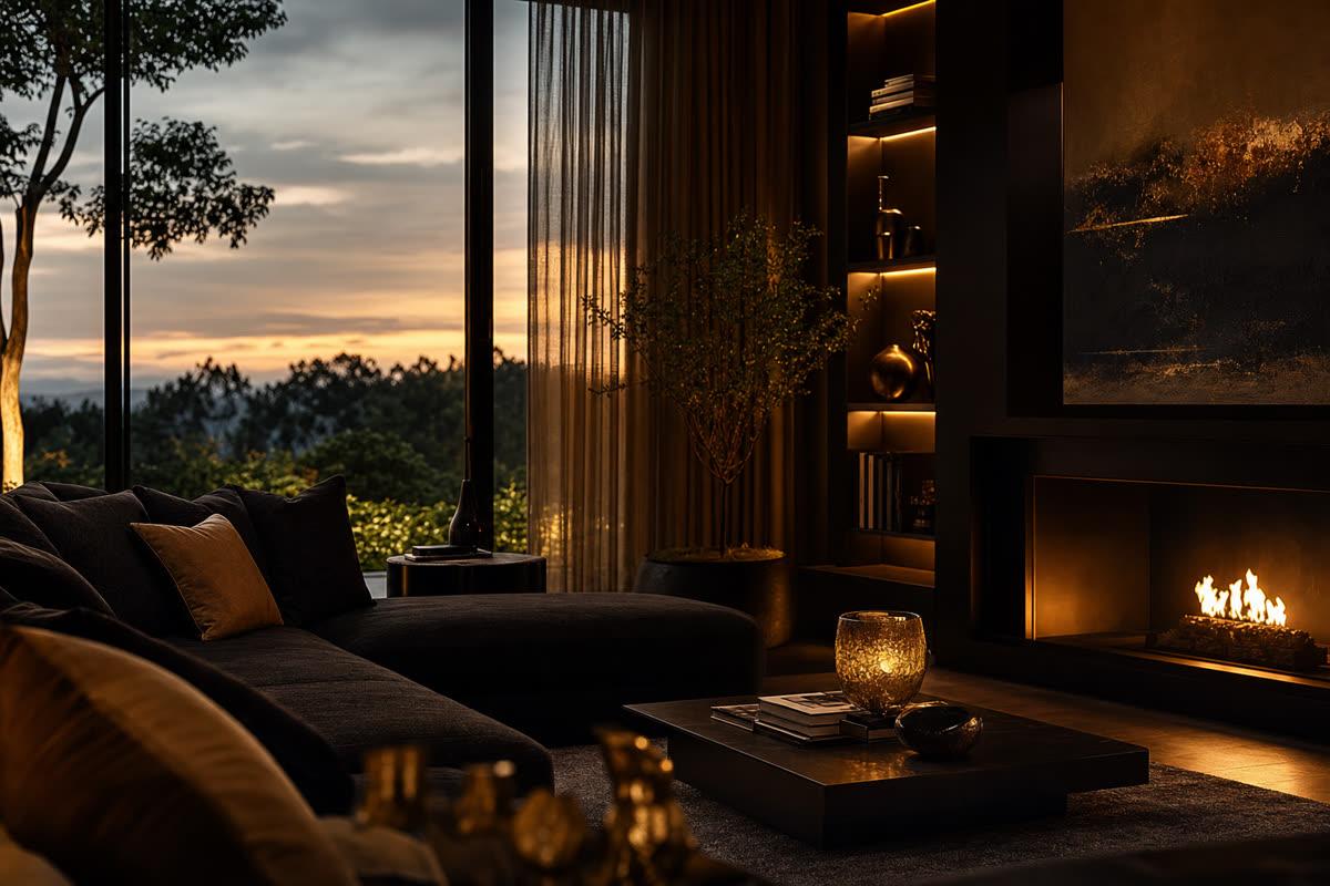 Quiet luxury living room at dusk with warm interior lighting just turning on, view through tall window, editorial architectural photography
