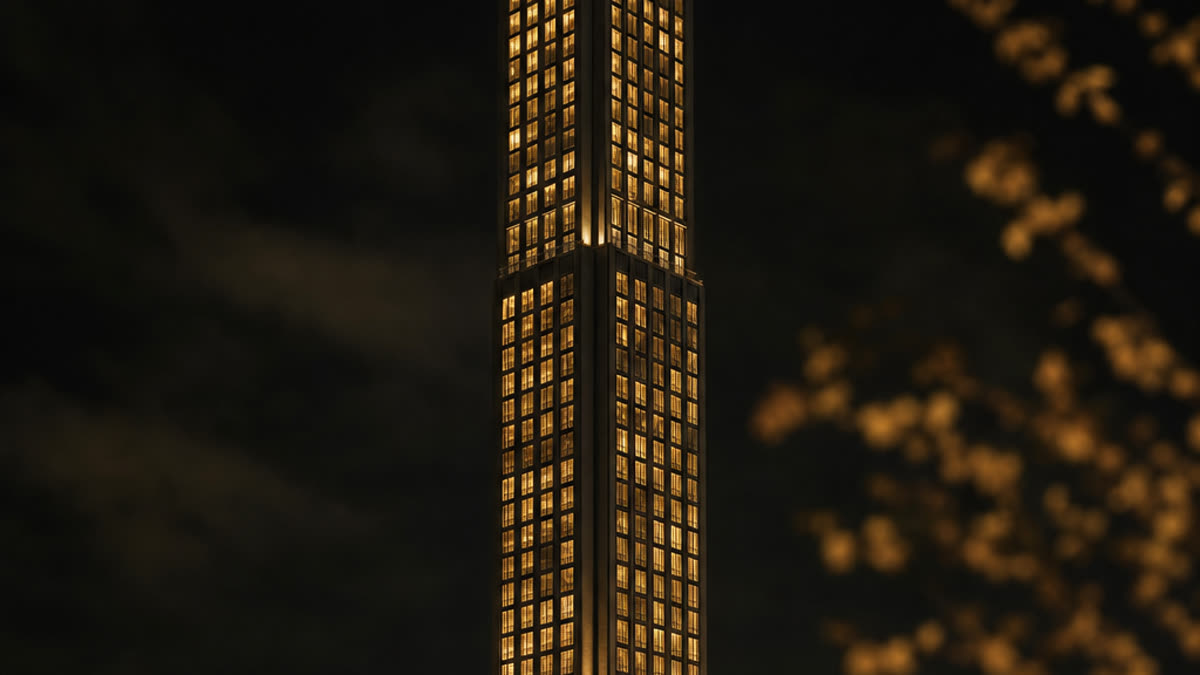 Editorial image of a slender Manhattan supertall residential tower at night with warm interior glow, evoking the 432 Park Avenue Crestron rescue