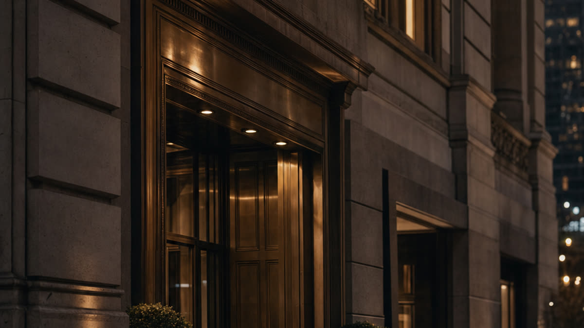 Editorial image of a limestone Park Avenue tower at dusk with warm interior glow, evoking the 599 Park Avenue commercial low-voltage scope