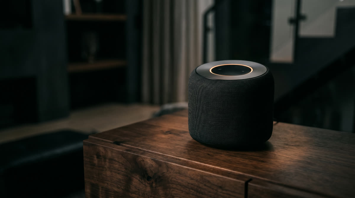 AI in the luxury home. smart speaker on walnut console at golden hour