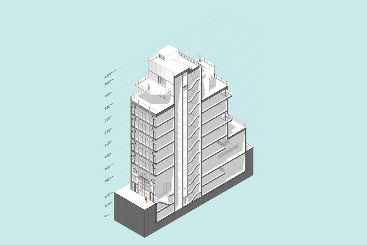 ALP Architecture isometric building render showing facade design and massing for a Passive House project