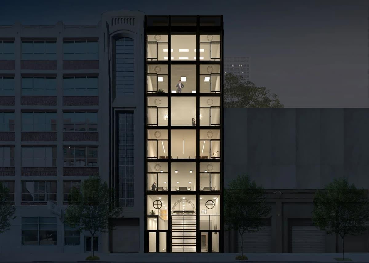 ALP Architecture nighttime rendering of a commercial building project showing glazing and facade design