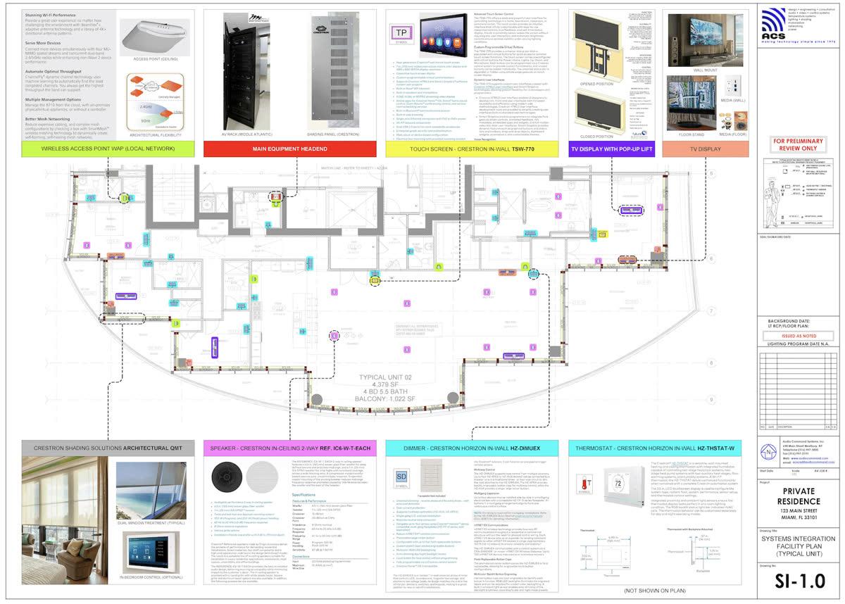 Audio Command Systems CAD technology plan showing network, rack, lighting, shades, and touch-screen coordination