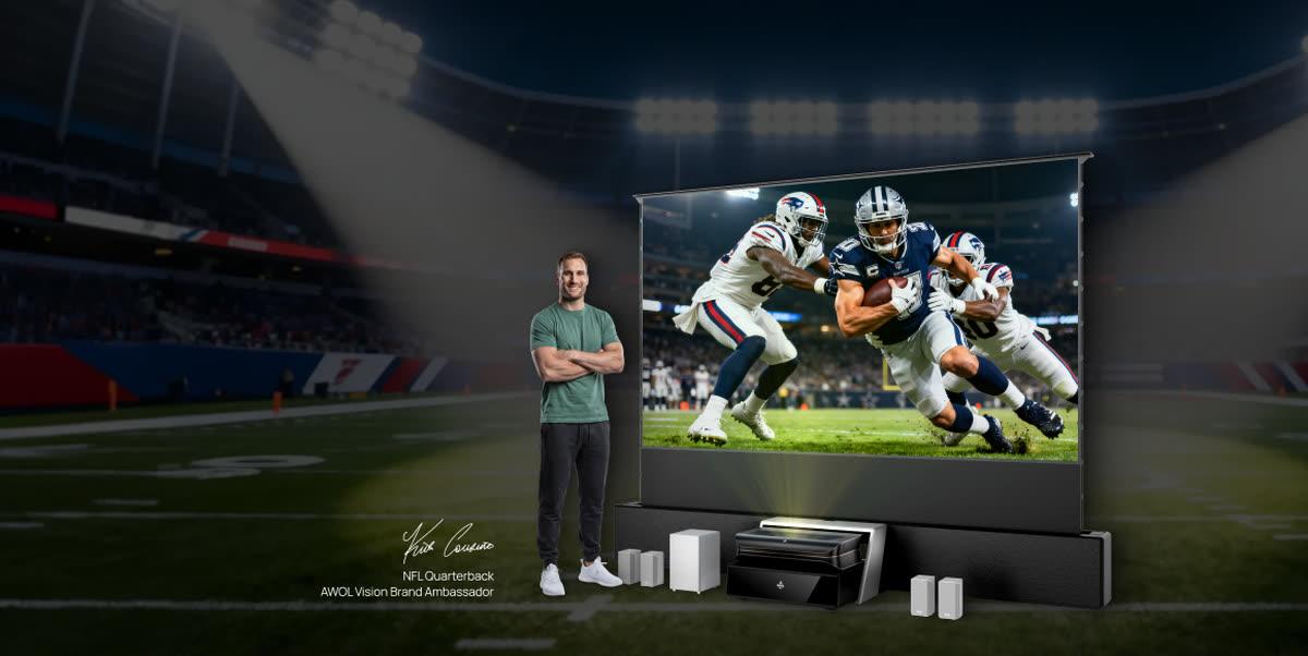 AWOL Vision large-format screen and projector bundle shown in a stadium-style sports viewing setup
