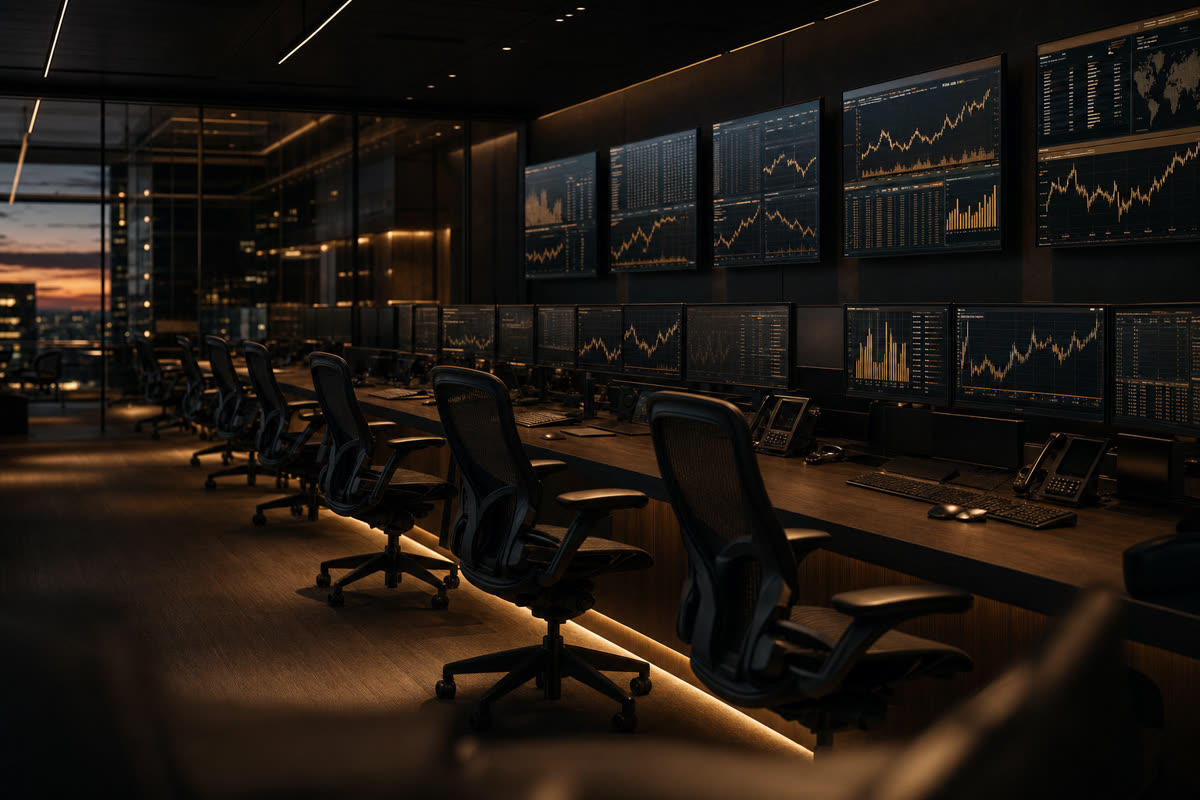 Editorial image of an institutional credit fund trading floor with rows of monitors and amber accent lighting