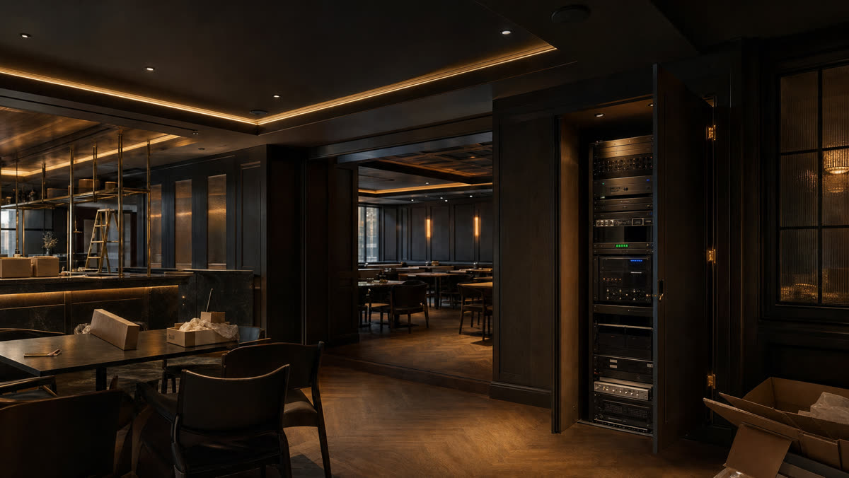 Commercial restaurant audio system cost in New Jersey with ceiling speakers, a bar, dining room, and serviceable audio rack