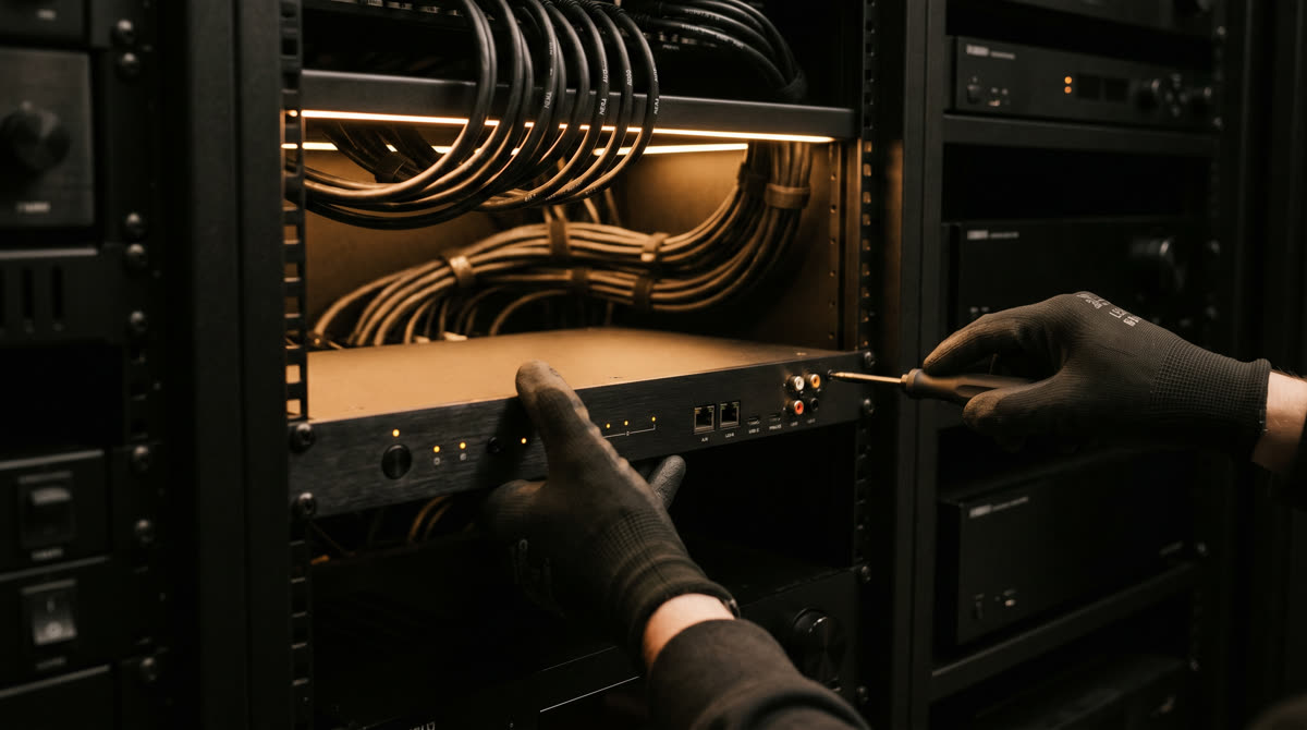 Gloved hands installing a rack-mounted controller in an amber-lit AV equipment closet -- Restrepo Innovations