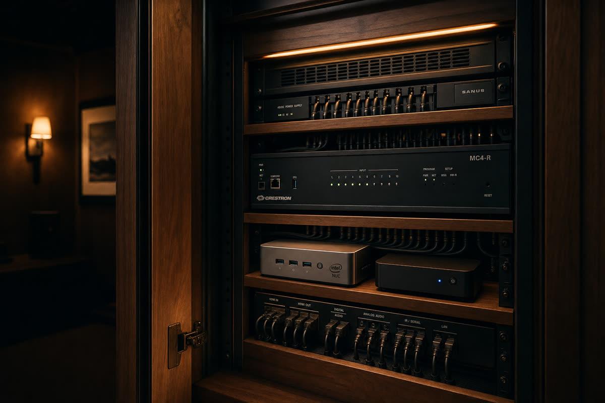 Luxury home AV equipment rack with Crestron MC4-R processor and Intel NUC appliance in walnut cabinet