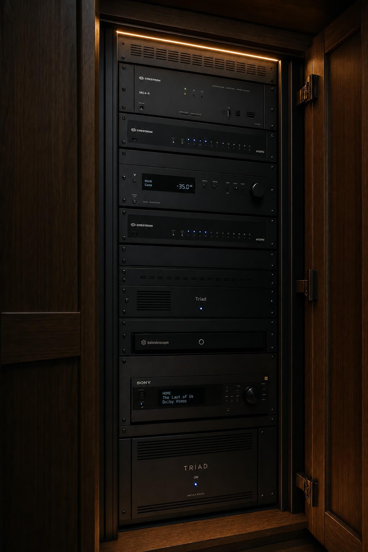 Luxury home Crestron equipment rack with MC4-R processor and commissioning laptop in dark walnut closet