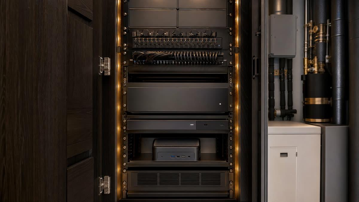 Luxury residential equipment rack with Crestron Home processor and dedicated Intel NUC in dark wood mechanical closet with brass accent lighting