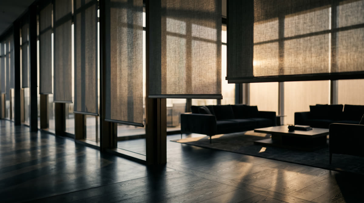Row of linen-fabric motorized roller shades descending in a luxury contemporary great-room with floor-to-ceiling windows and golden hour light. Restrepo Innovations Crestron shading