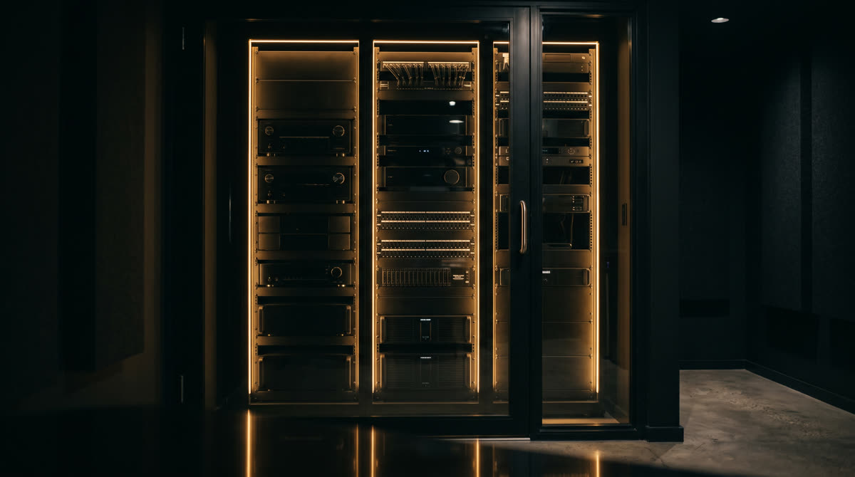 Modern AV equipment rack room with neatly organized gear behind a glass door and warm amber LED accent lighting