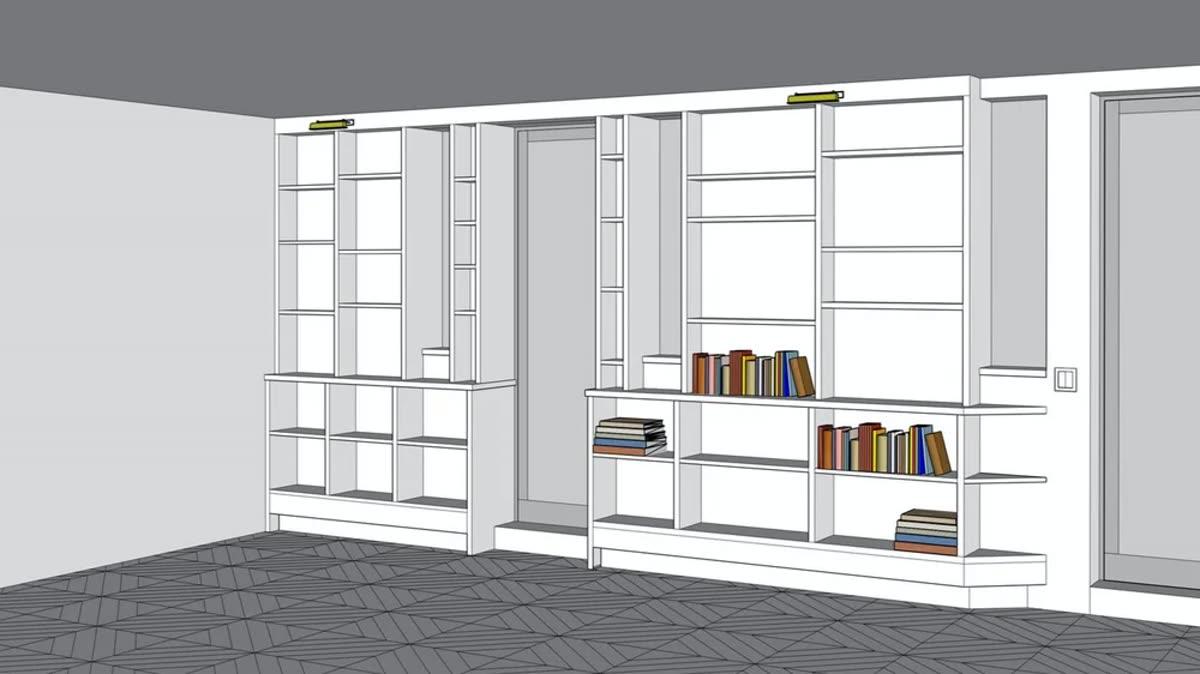Homework Renovation custom millwork rendering showing built-in shelving and room layout before construction