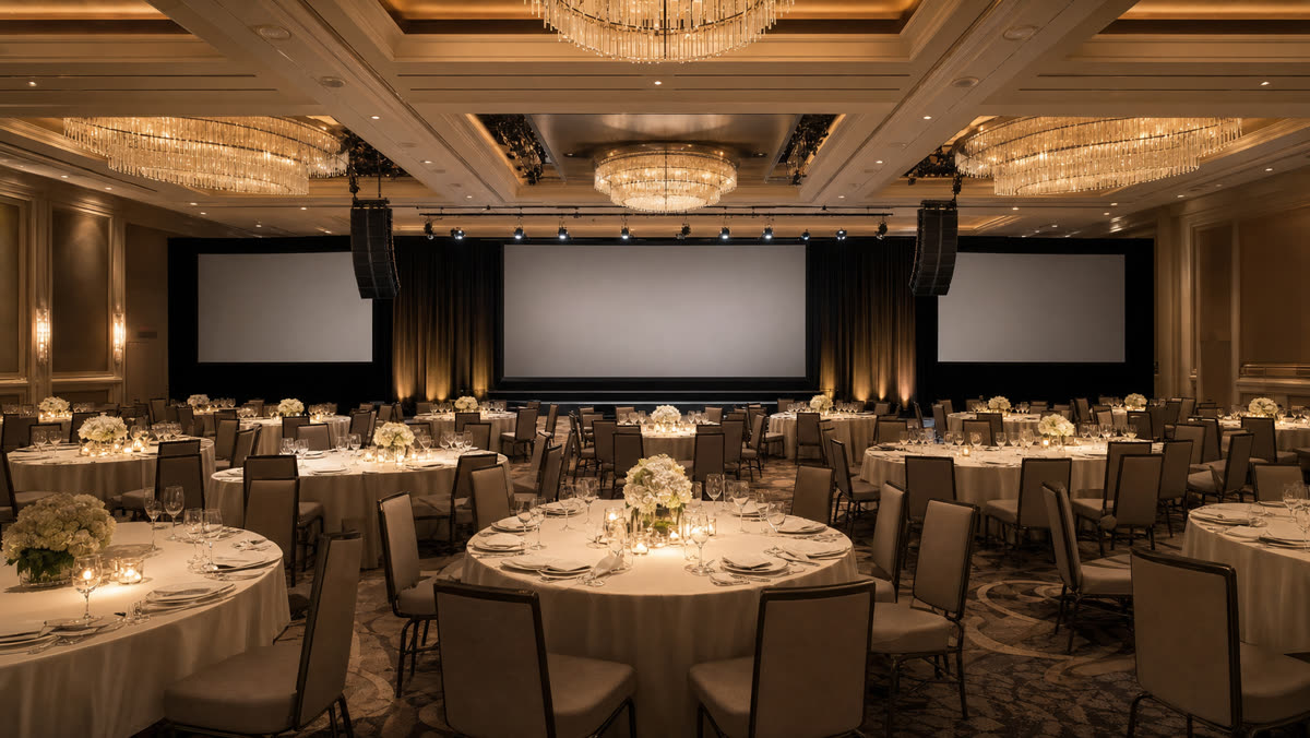 New Jersey hotel ballroom set for a gala with projection screens, flown speakers at the stage, and chandeliers dimmed to warm amber