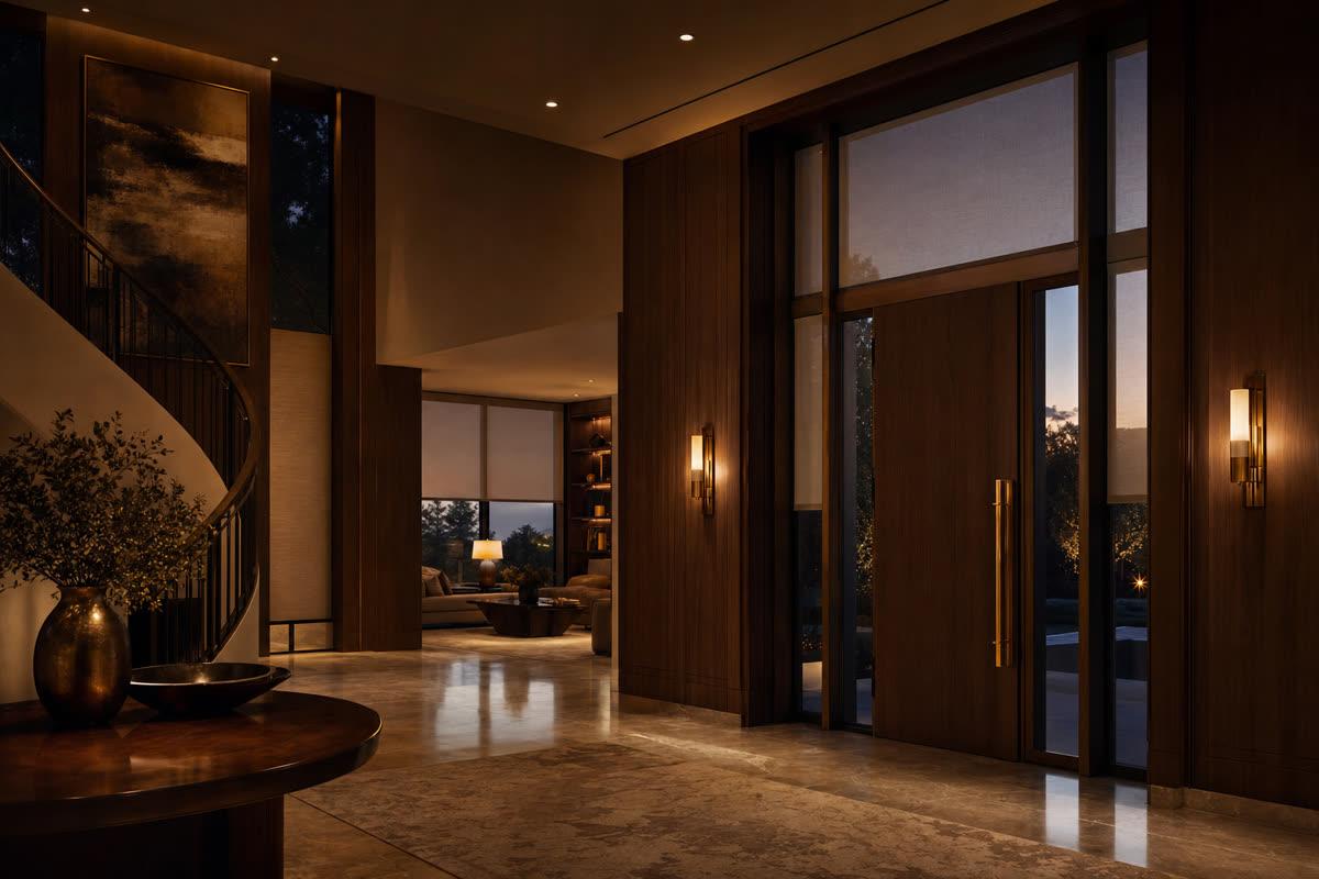Luxury residential foyer at dusk with warm amber lighting and motorized shades partly lowered, dark walnut wood and brass hardware