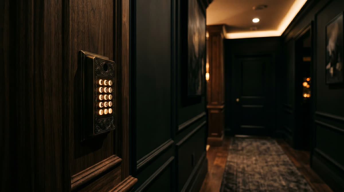 Luxury engraved metal scene keypad with glowing backlit buttons in a dark master bedroom hallway, warm cove and overhead downlight layers visible in the background