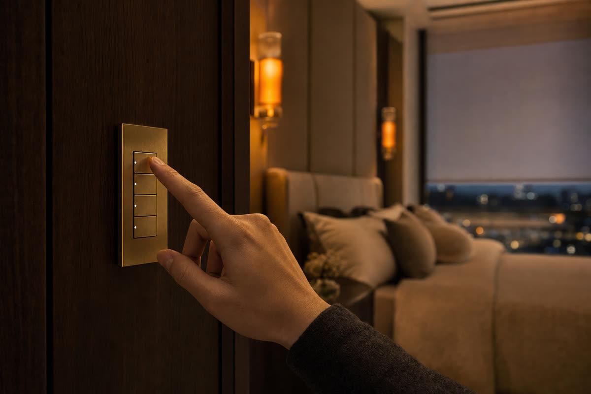 Luxury primary bedroom at evening with brass Lutron Palladiom keypad on dark wood paneling, finger pressing top button, warm amber sconce light, motorized shade partly lowered