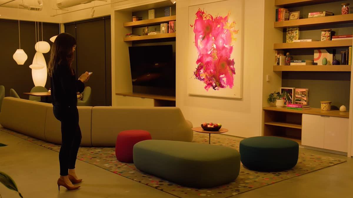 Lutron lighting control with Ketra intelligent light in a refined residential interior