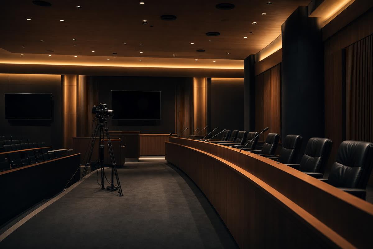 Municipal council chamber AV system with microphones, cameras, and public meeting displays in New Jersey