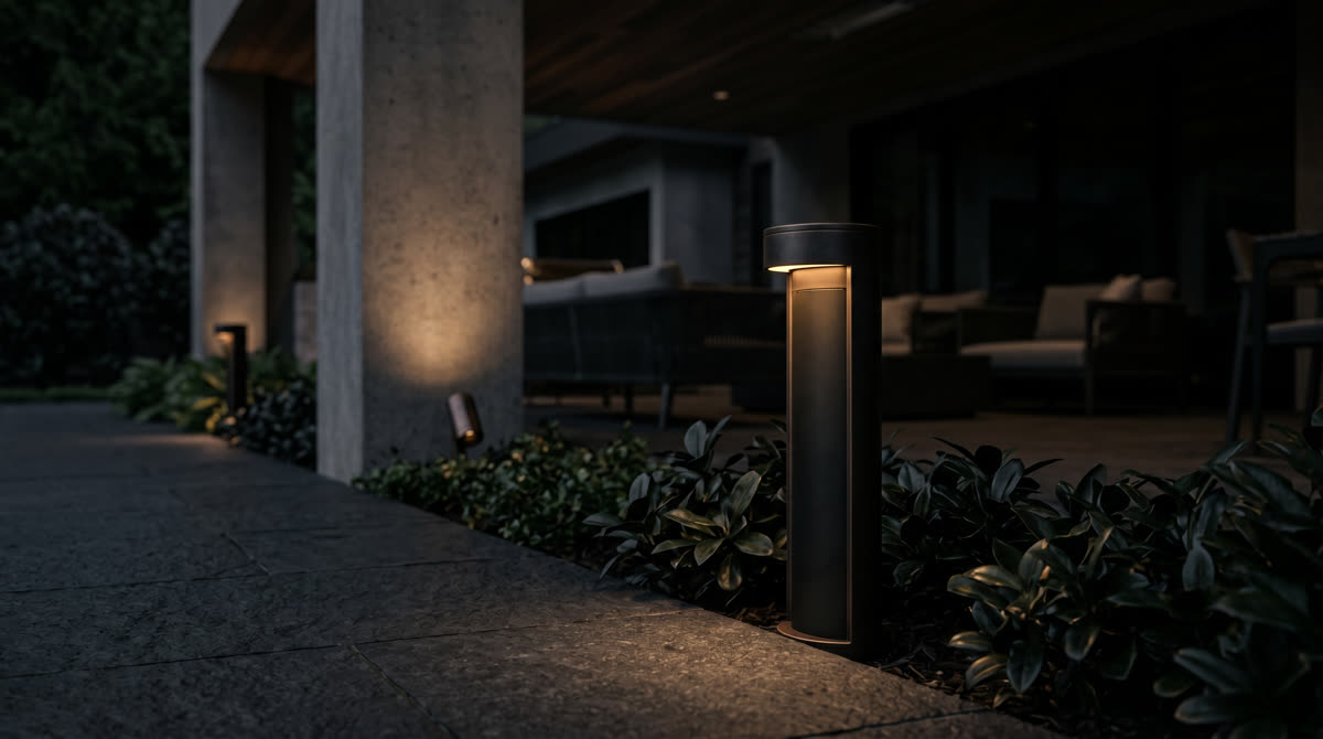 Coastal Source outdoor lighting illuminating a landscaped waterfront estate at night