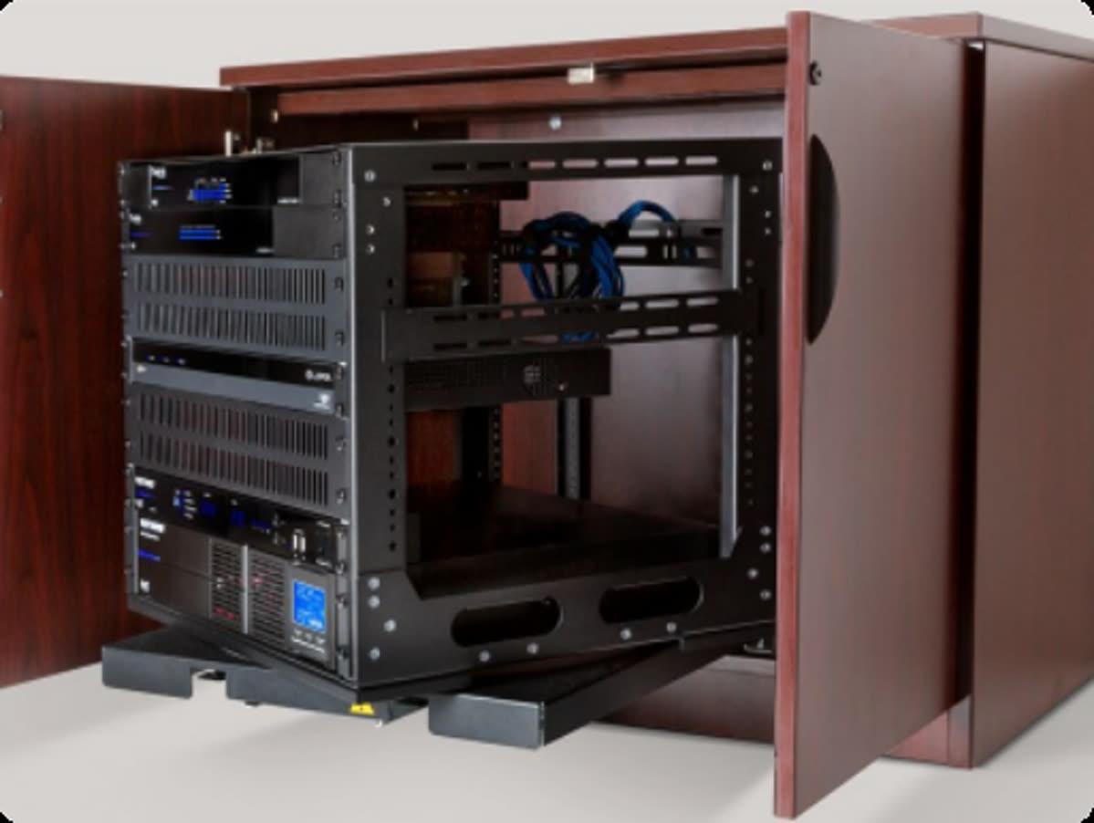 Strong AV Racks in-cabinet slide-out rack installed inside custom residential millwork
