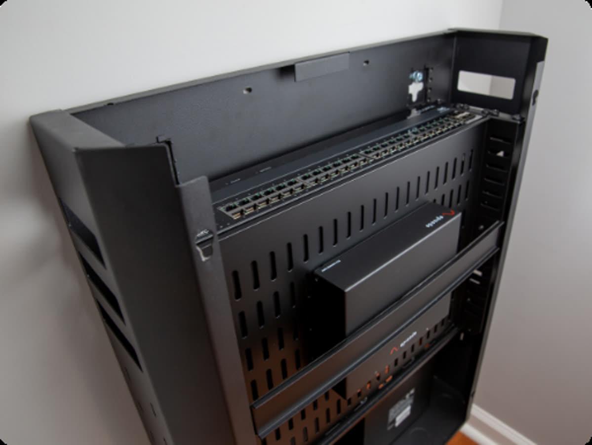 Strong AV Racks wall mount equipment cabinet keeping commercial AV gear off the floor