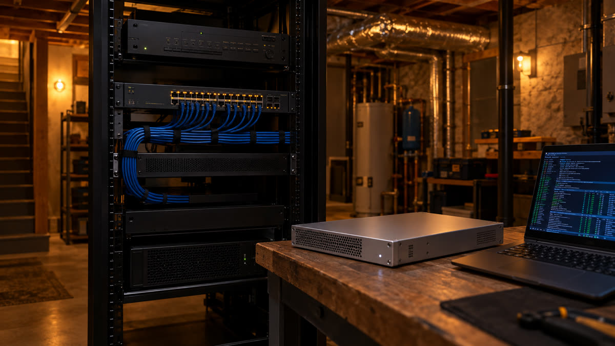 Legacy control processor and enterprise network switch in a residential AV rack next to a Restrepo Field Node appliance on a workbench