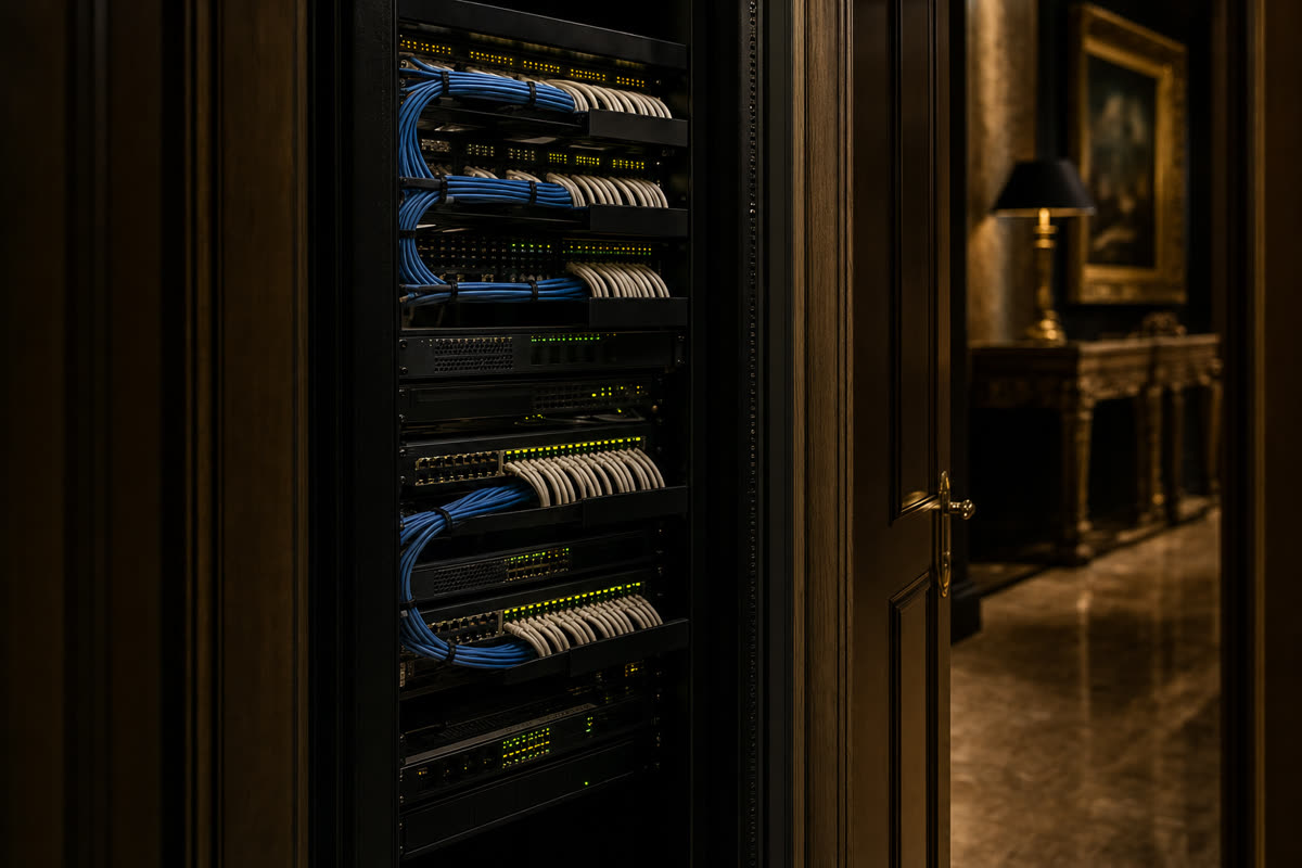 Luxury home network rack with managed switches and labeled patch panels in a Westchester County estate