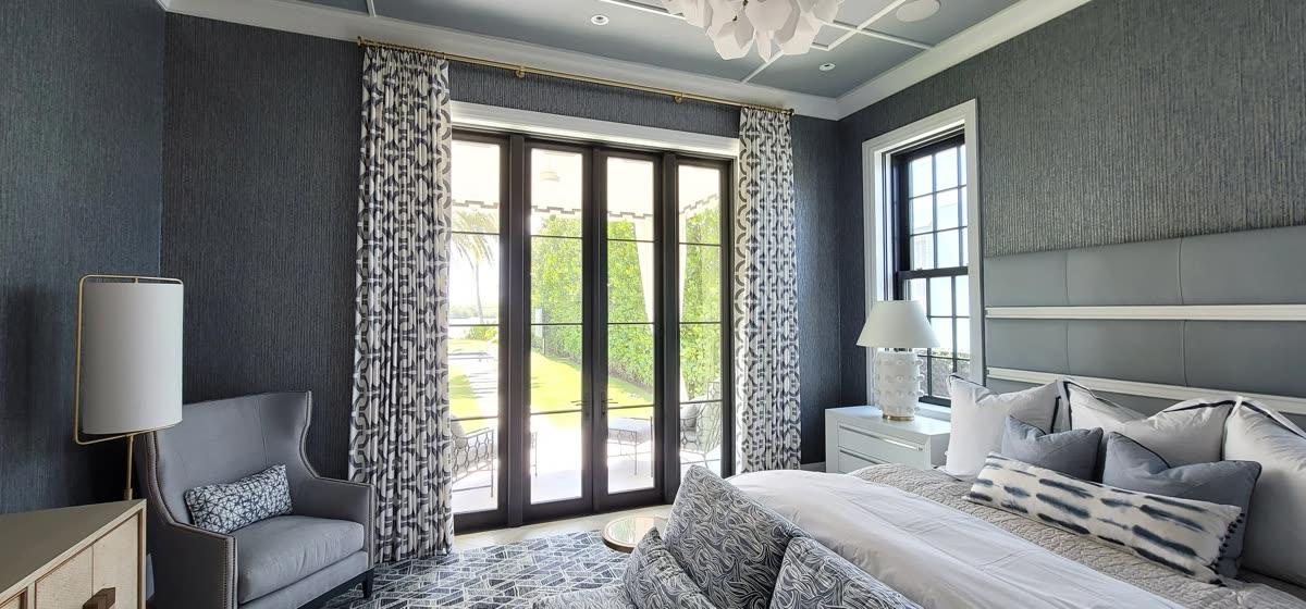 Workroom Services custom drapery and motorized shades in an elegant New Jersey bedroom