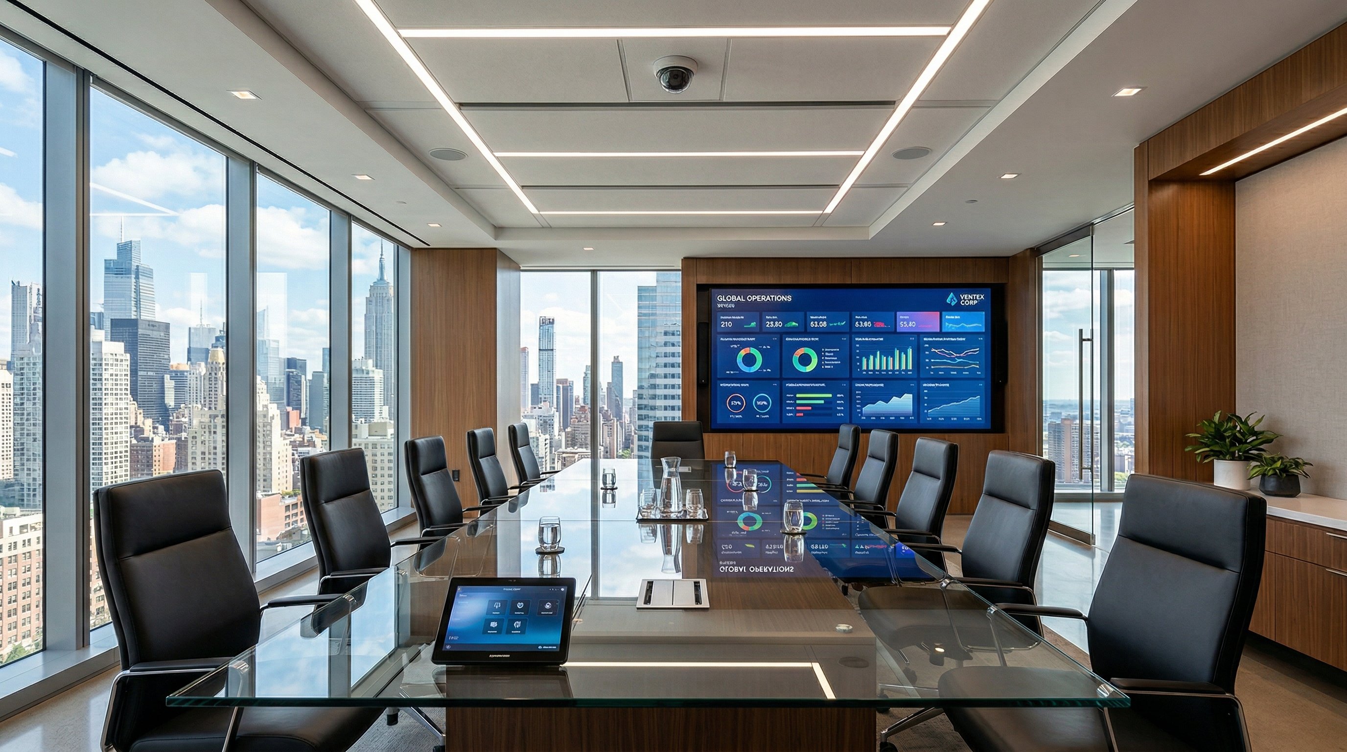 Modern boardroom with Crestron AV system and large display