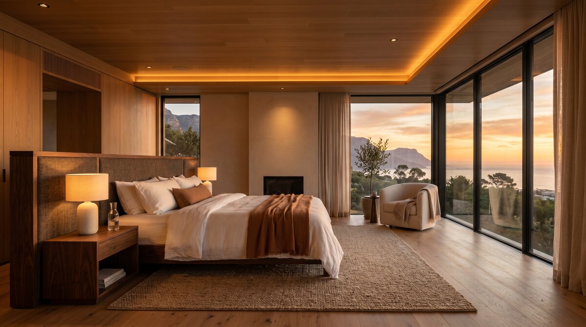 Luxury living room with circadian lighting at twilight
