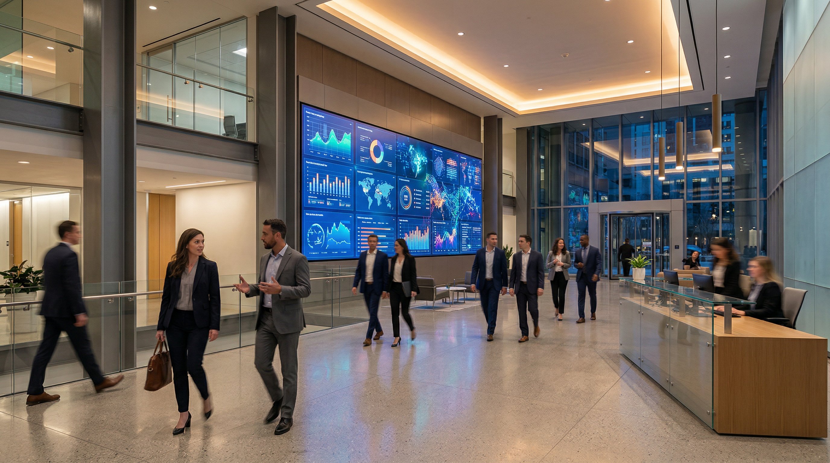 Modern corporate lobby with large digital signage video wall