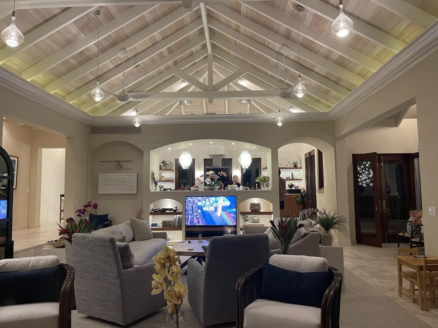 Island Media Systems open-air vaulted media room with exposed timber ceiling at Stargaze in Saint John USVI
