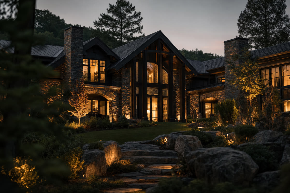 Luxury Alpine NJ estate exterior at twilight with integrated landscape and architectural lighting