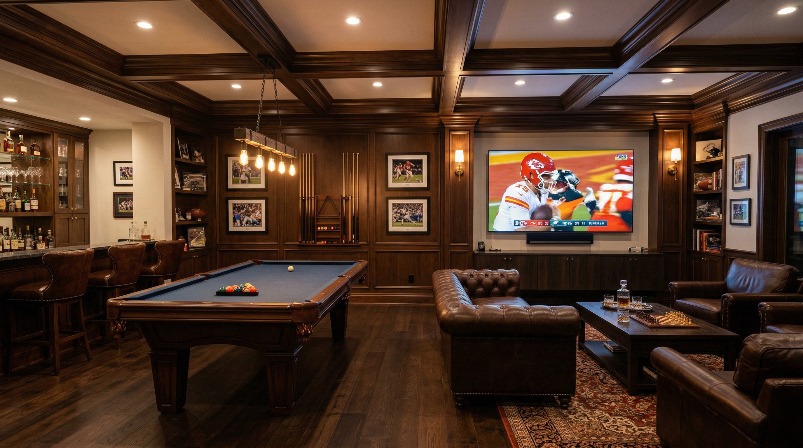 Luxury home game room with billiard table, ambient lighting, and integrated AV system