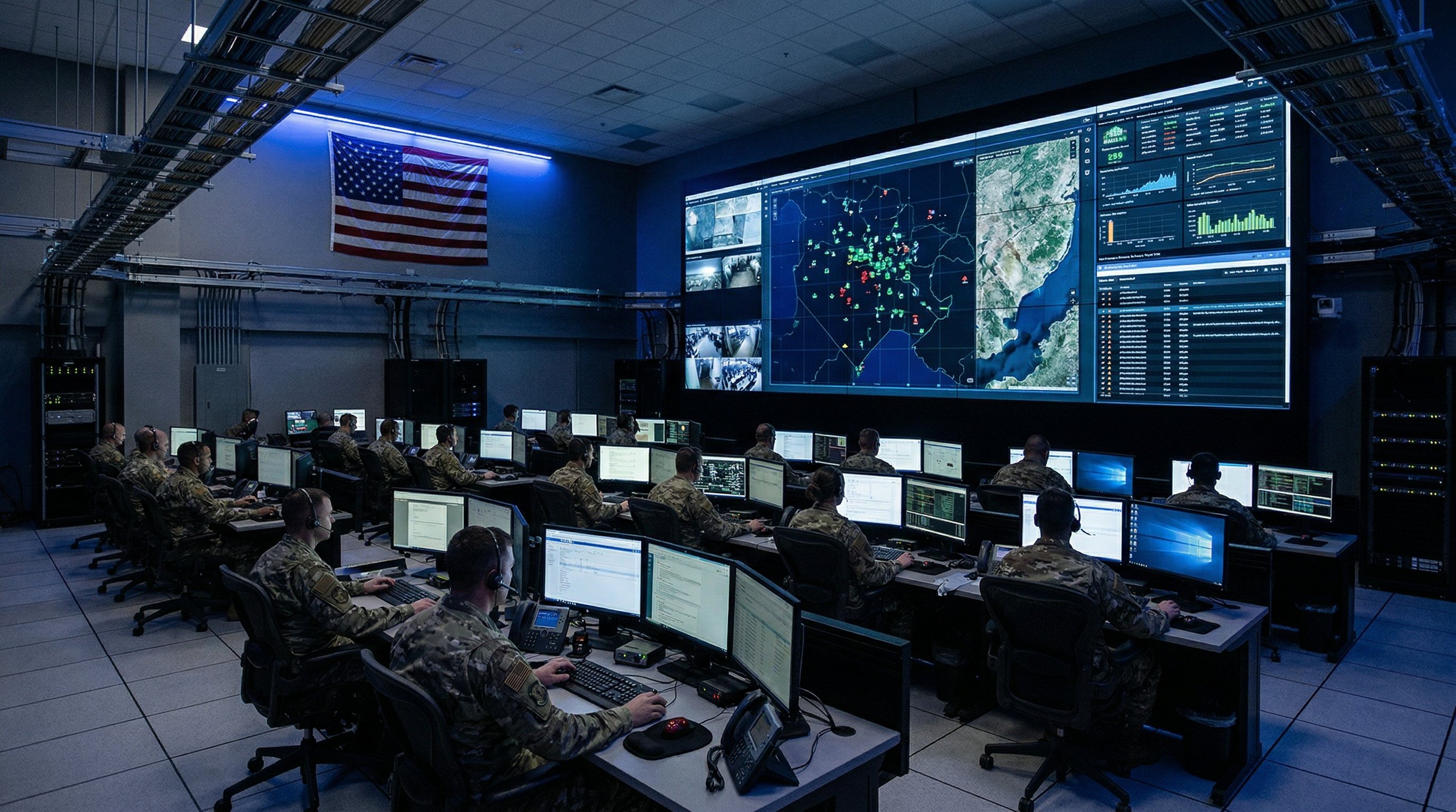 Military command center with data visualization displays