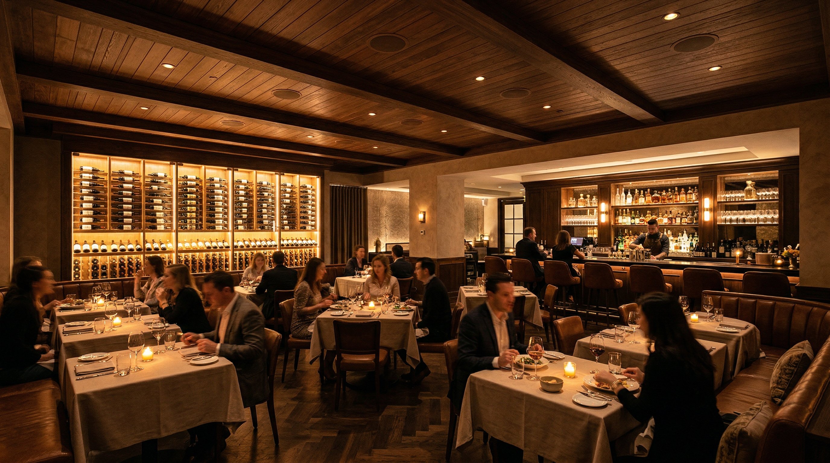 Upscale restaurant interior with projection-mapped table and ambient mood lighting