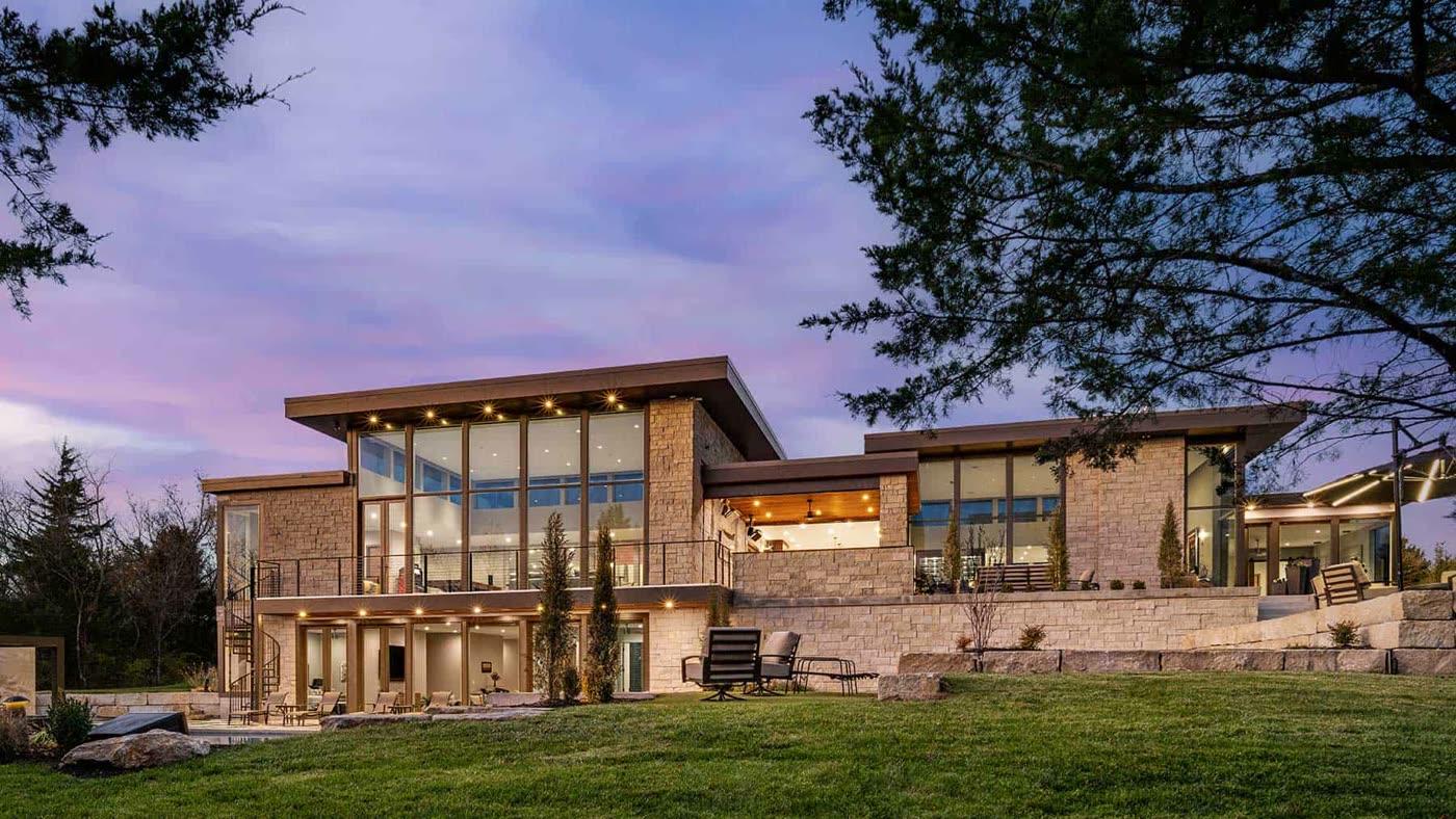 Simplicity KC Design KC feature dusk exterior of a Kansas City metro Crestron smart home