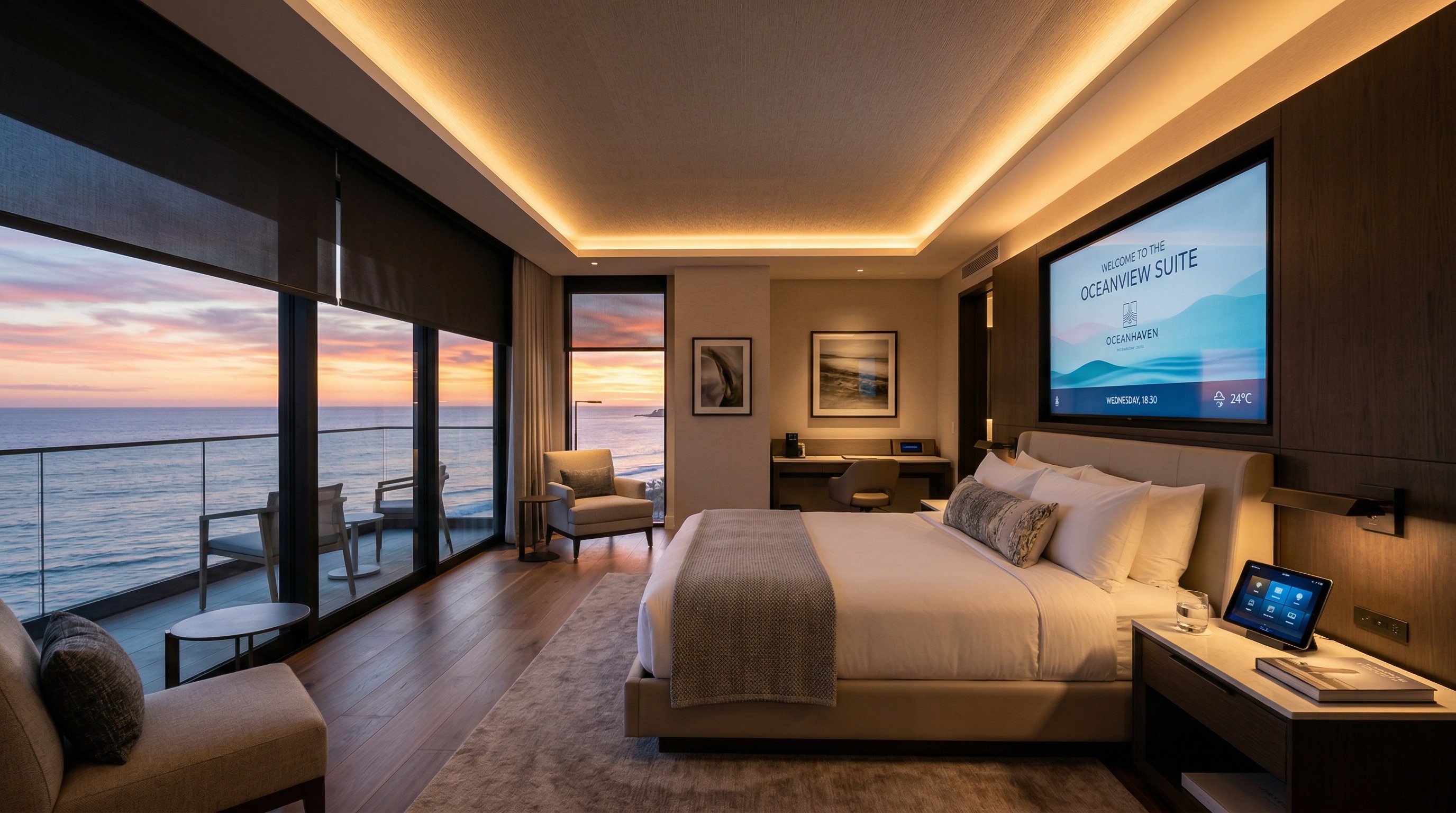 Luxury hotel room with smart lighting and integrated technology