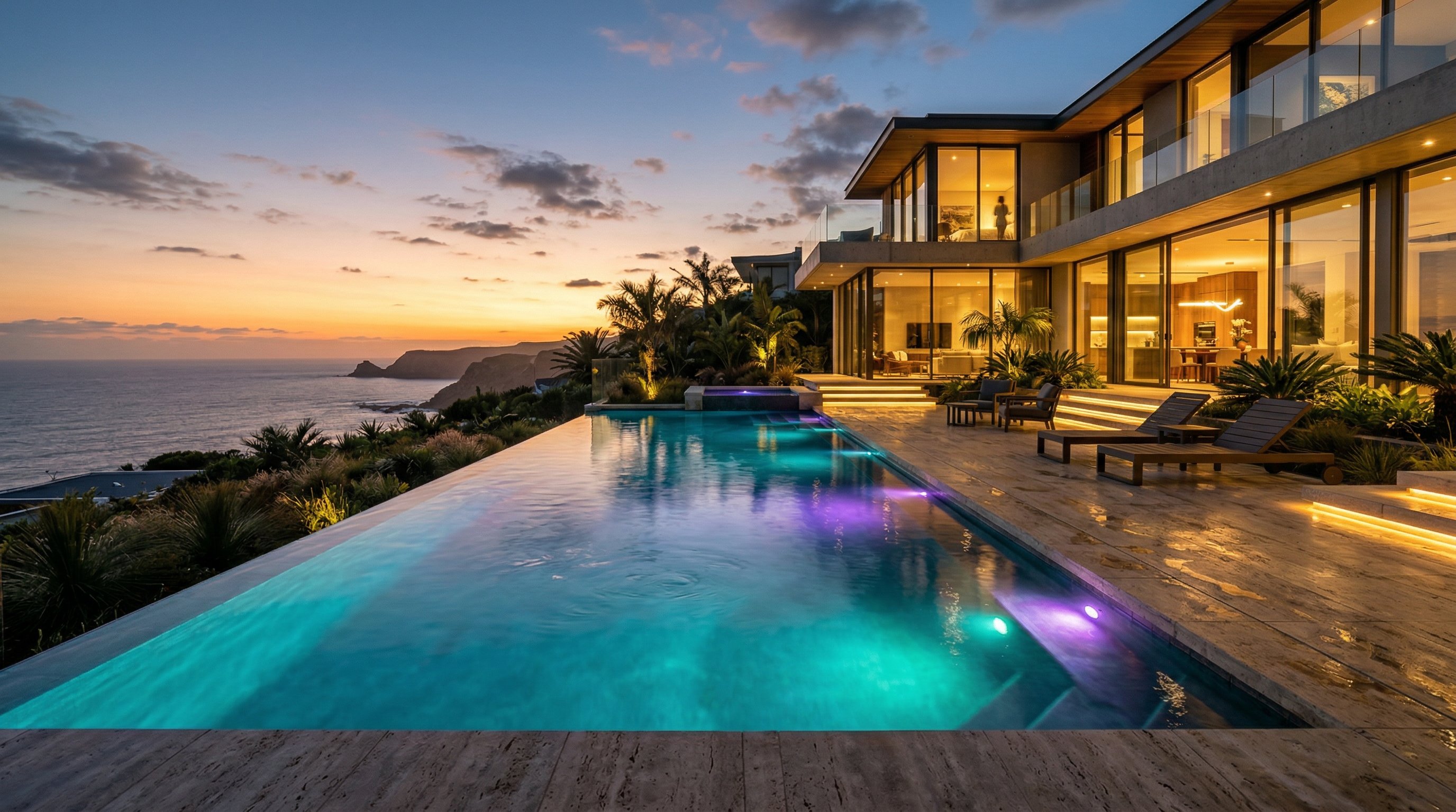 Luxury infinity pool with LED lighting and smart automation at twilight