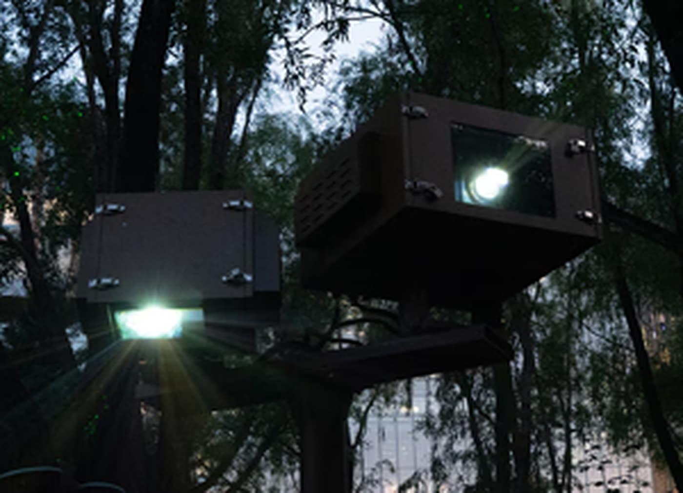 Sony laser projectors concealed in trees at Beijing Olympic Forest Park outdoor installation