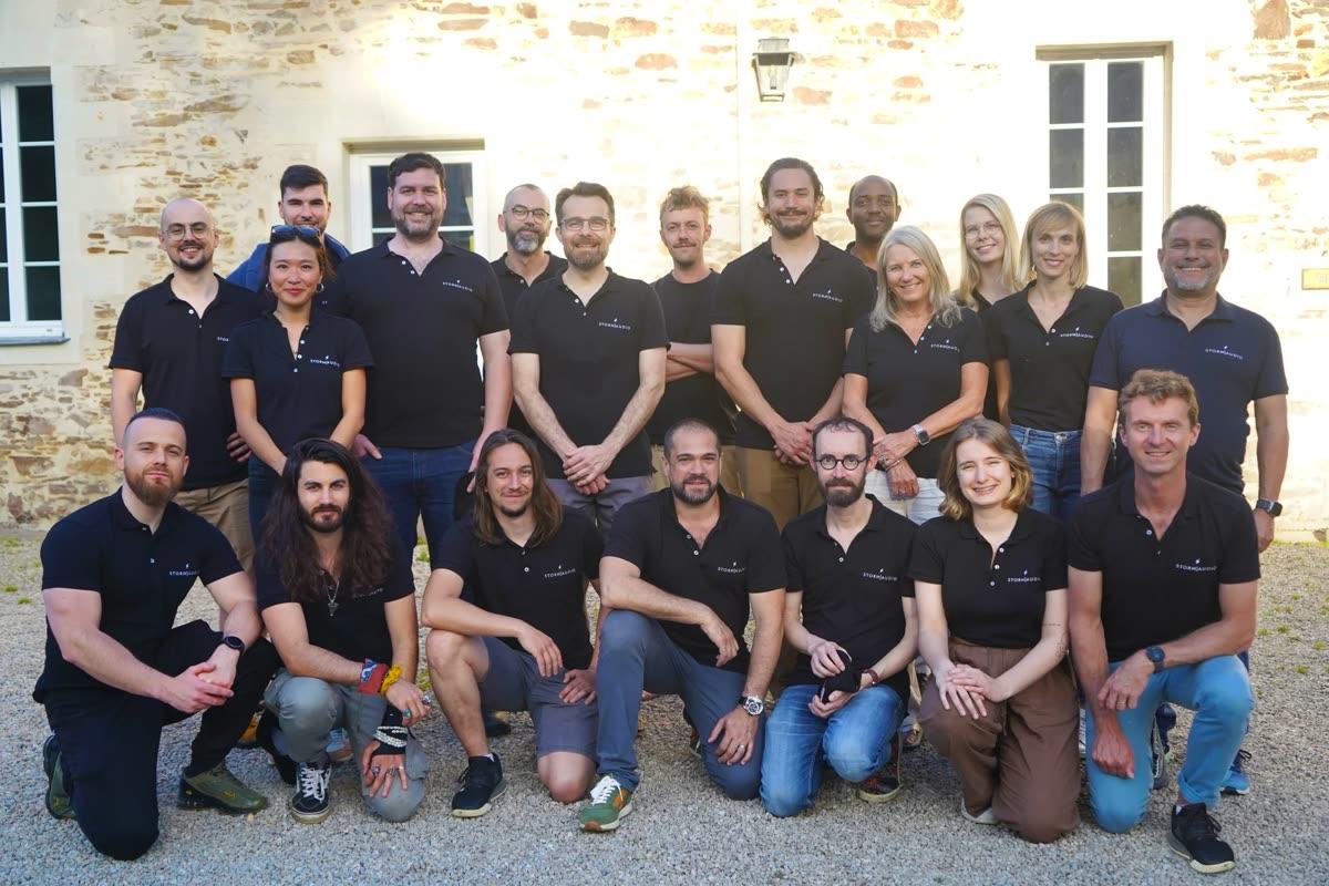 StormAudio team outside the company headquarters building in Saint Herblain France