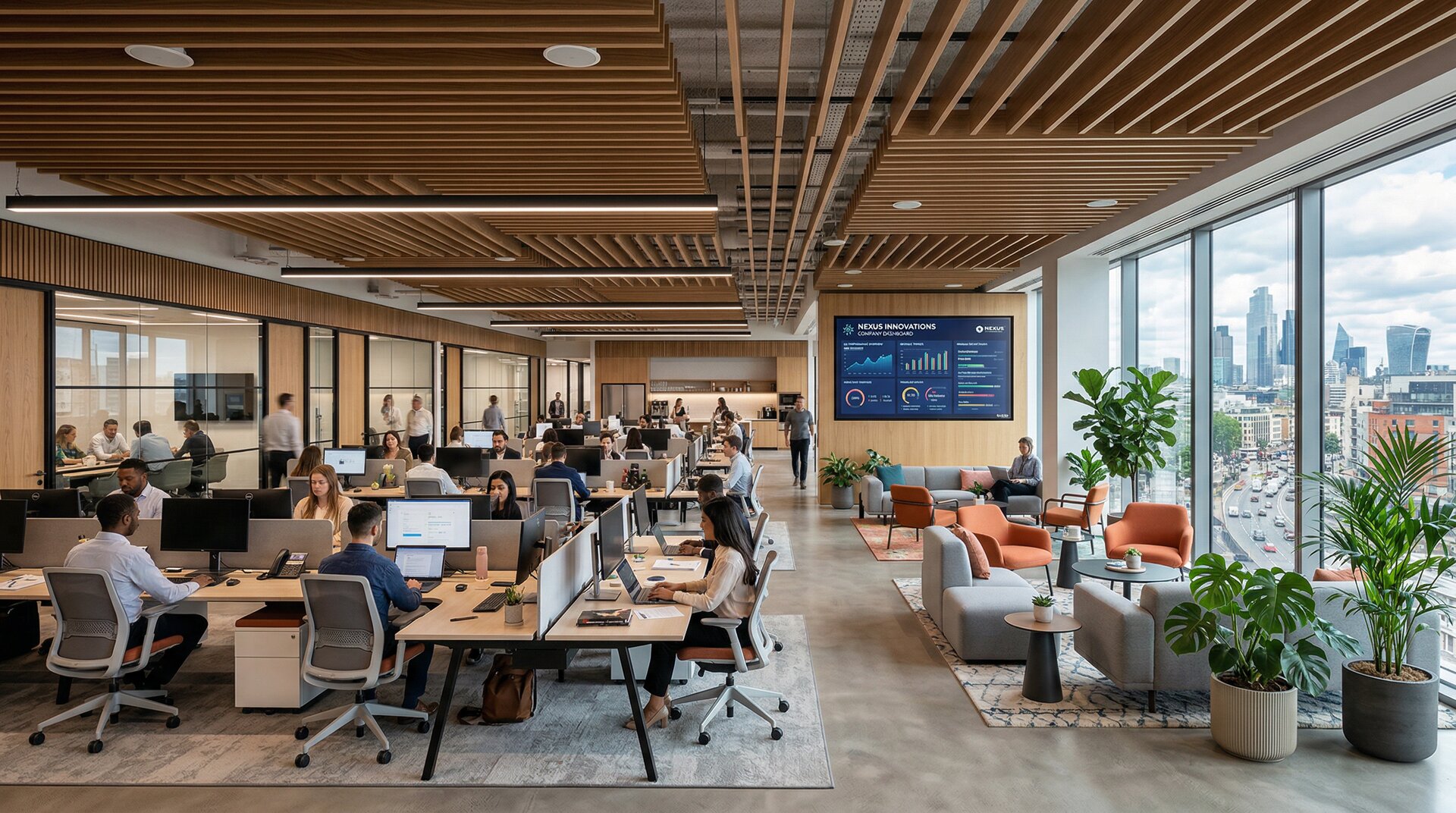 Modern Newark corporate boardroom with floor-to-ceiling windows facing the downtown skyline
