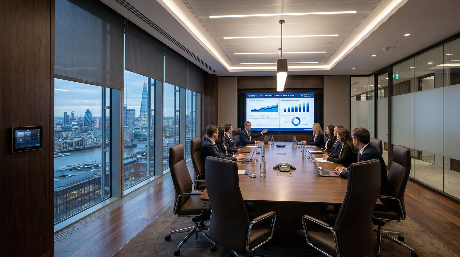 Greenwich hedge fund boardroom with custom millwork, hidden displays, and warm gallery lighting