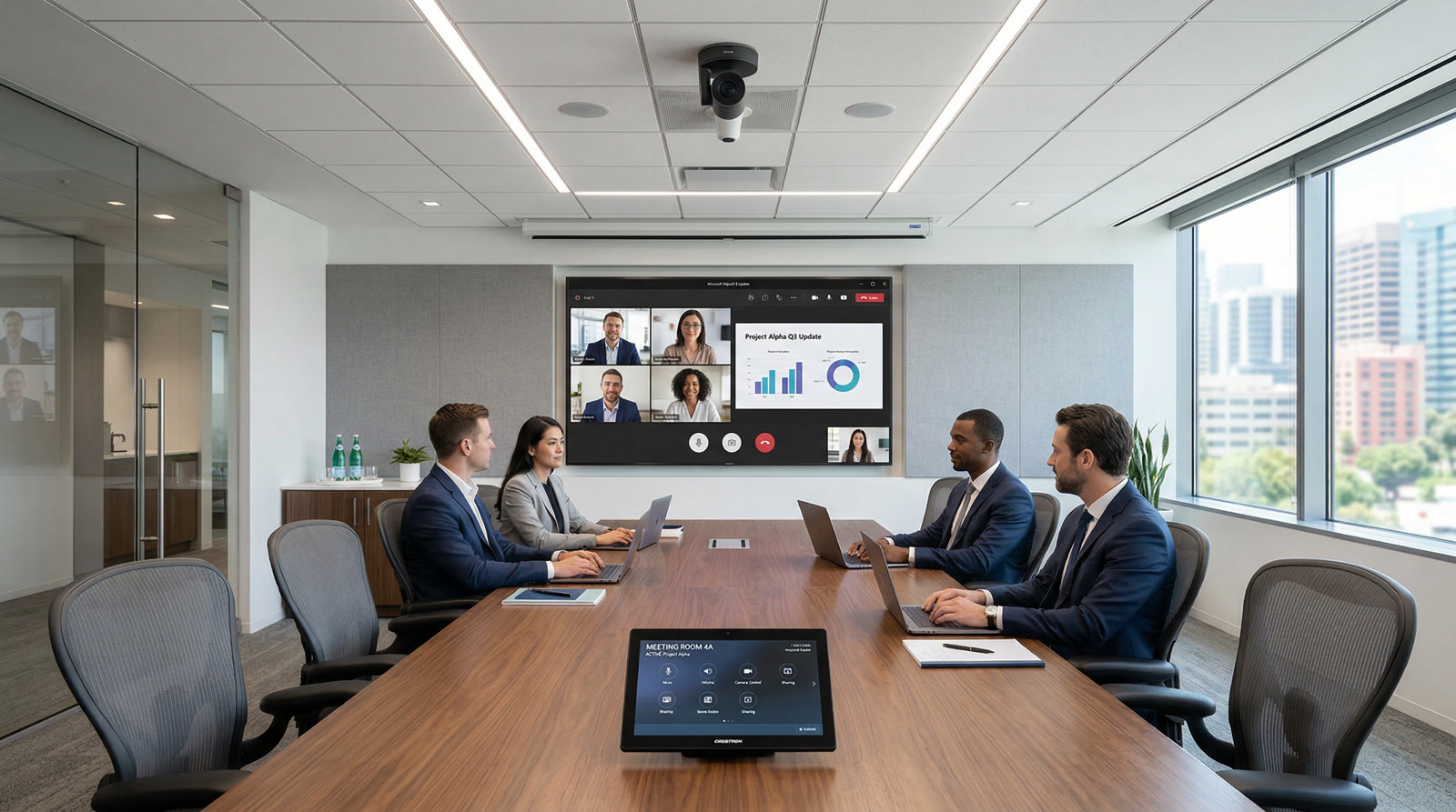White Plains corporate conference room with modern furniture, dual displays, and tasteful lighting