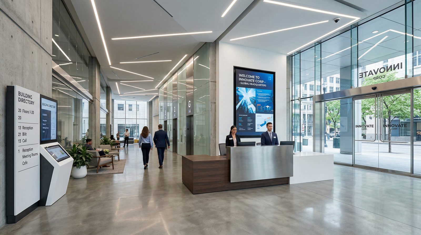 Morristown corporate headquarters lobby with reception desk, branded signage, and warm architectural lighting